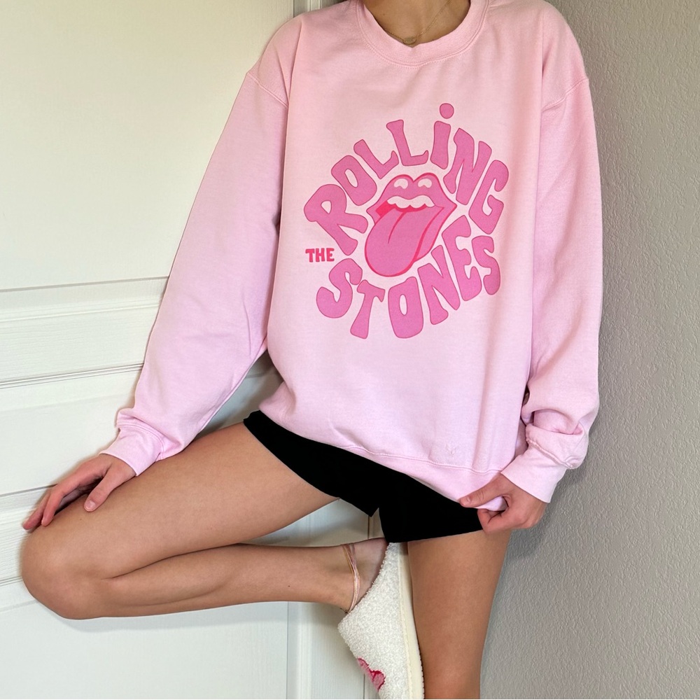 Womens Bright Pink Rolling Stones Rock Graphic On Light Pink Crewneck Sweatshirt